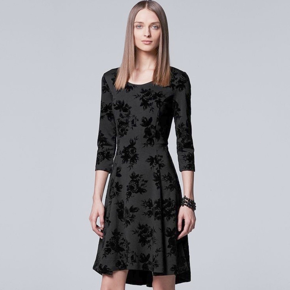 Simply Vera Vera Wangโ Black Velvet Floral Burn Out Dress 3/4 Sleeve Party Large